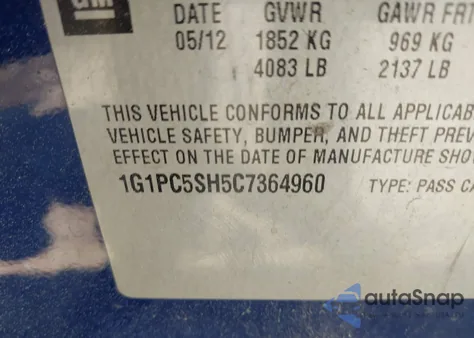 2012 Chevrolet Cruze Ls из США, поврежденный, VIN 1G1PC5SH5C7364960